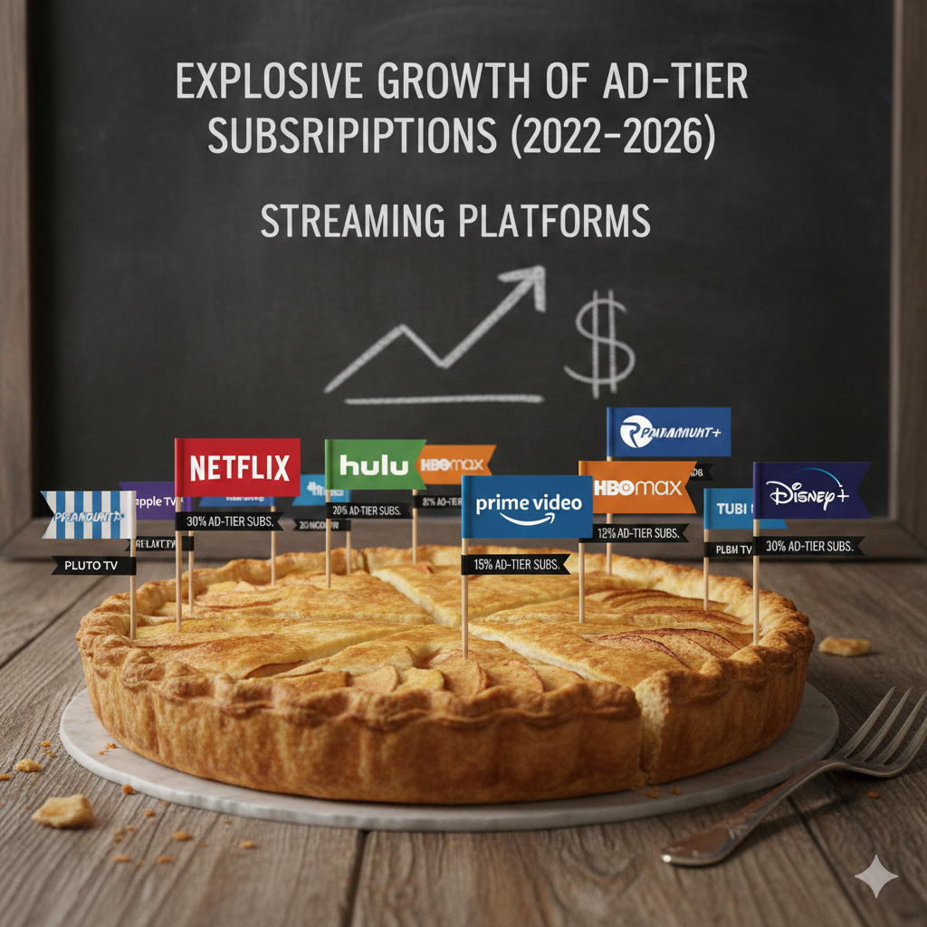 the explosive growth of ad-tier subscriptions from 2022-2026, with percentage breakdowns by platform